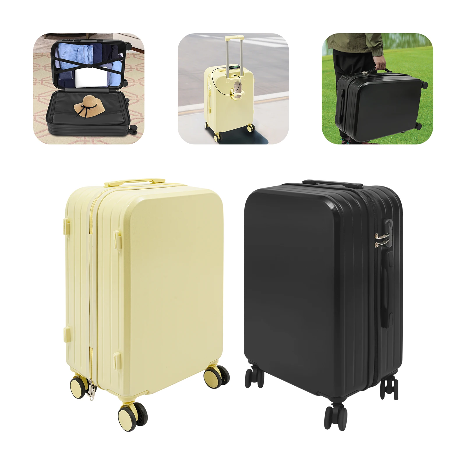 Bagasi Check-In 24" dengan Tempat Cangkir & Port USB, Koper Ringan, 360 °   Roda Pemintal untuk Perjalanan