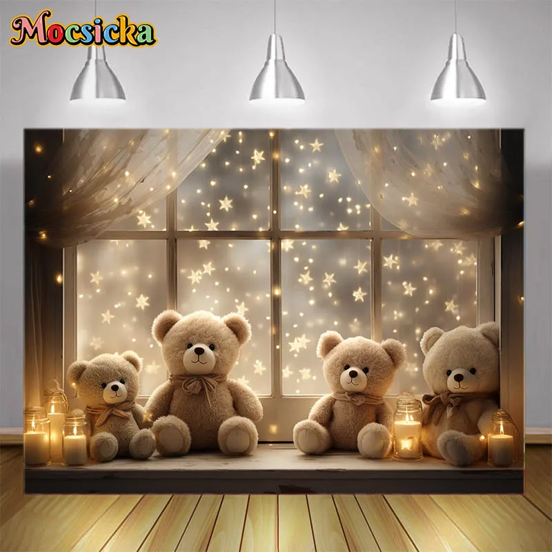 Ours devant la fenêtre pour la photographie, toile de fond, étoile, décor ci-après les, nouveau-né, 1er anniversaire, arrière-plan photo, accessoires de studio pour enfants