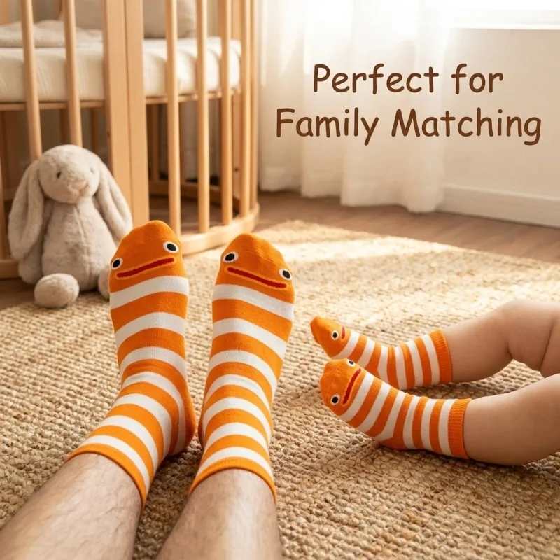 3 pares de calcetines tobilleros con diseño de cara de pez a juego para la familia, bonitos calcetines de algodón a rayas naranjas, calcetines casuales divertidos para viajes familiares, sesiones de fotos