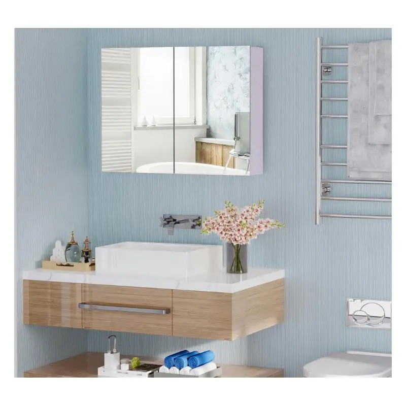 Double Door Wall Mounted Bathroom Mirror with Adjustable Height and Stylish Design for Space-Saving and Convenient Use