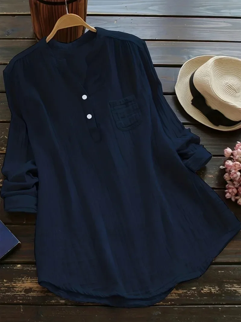Plus Size 1XL-5XL Women's Casual Lapel Shirt Solid Color Long Sleeved Shirt Fashion Button Up Shirt image 4