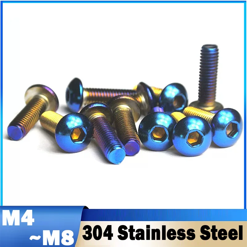2/4Pcs M4 M5 M6 M8 304 Stainless Steel Blue Titanium Button Head Coated Hex Socket Bolt Motorcycle Customisation Screw