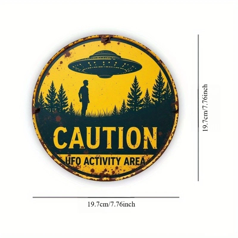 [2D Flat] 1 Piece Vintage Ufo Activity Zone Sign - Waterproof and Dustproof Metal Wall Art, Featuring a Bohemian Decoration with Pine Trees and Red Berries