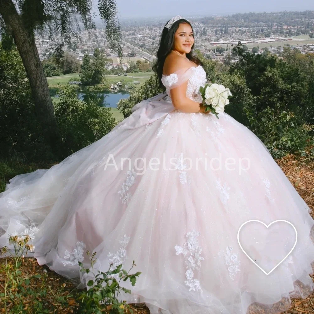 Angelsbride Light Pink Ball Gown Quinceanera Dresses Appliques Beading Bow Off Shoulder Lace Up Vestidos De 15 Años Quinceañeras