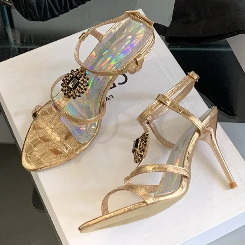 

Luxury Brand Heels Women Sexy Pointed Toe Rhinestone Narrow Strap Thin Heeled Sandals Fashion Naked Strap Elegant Dress Pumps
