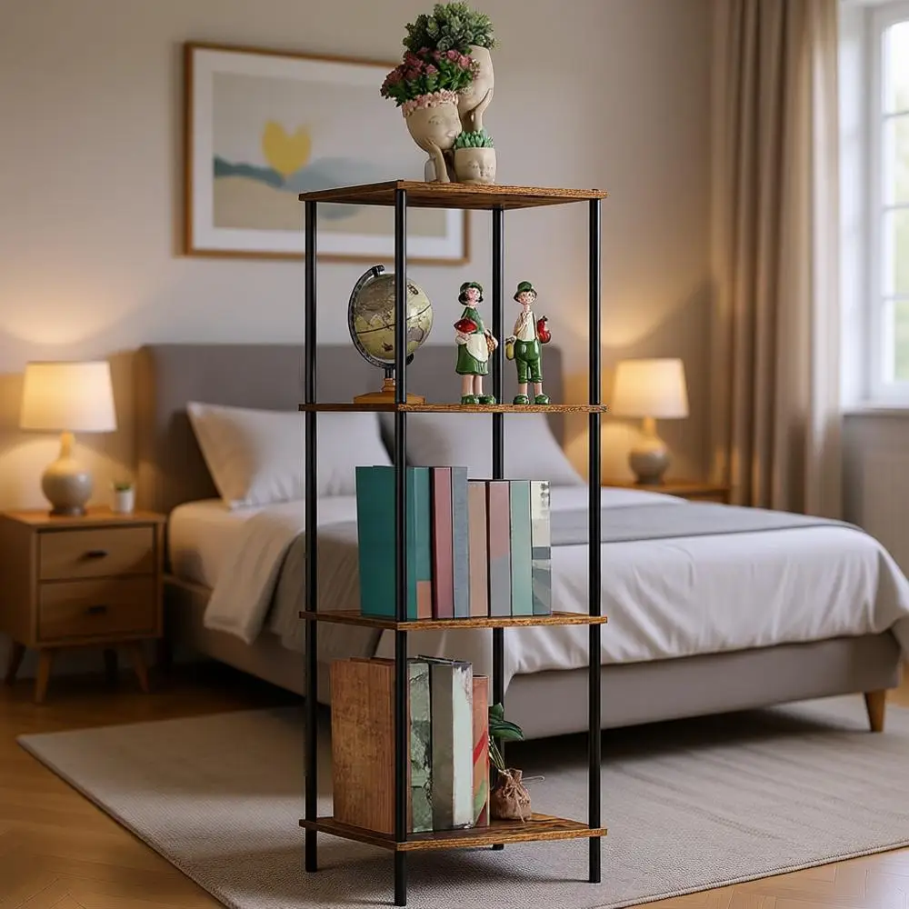 

4 Tier Wood Skinny Side Table Living Room Storage Shel Nightstand Bede Table Plant Stand Bedroom Office, Rustic Brown