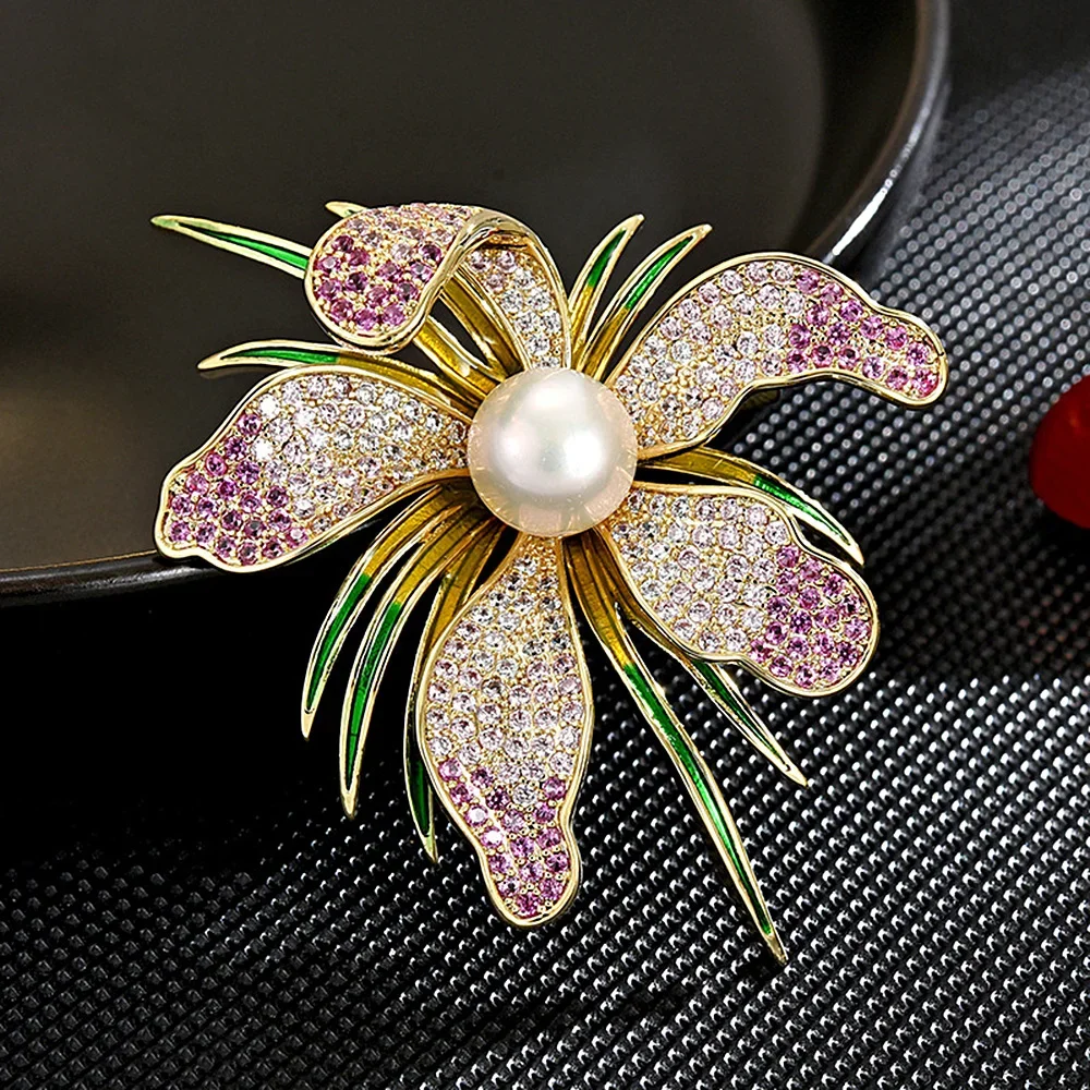 Women's Jewelry Elegant Enamel Orchid Flower Brooch Rhinestone Pearl Badge Pin Metal Plant Corsage Mother's Day Gifts
