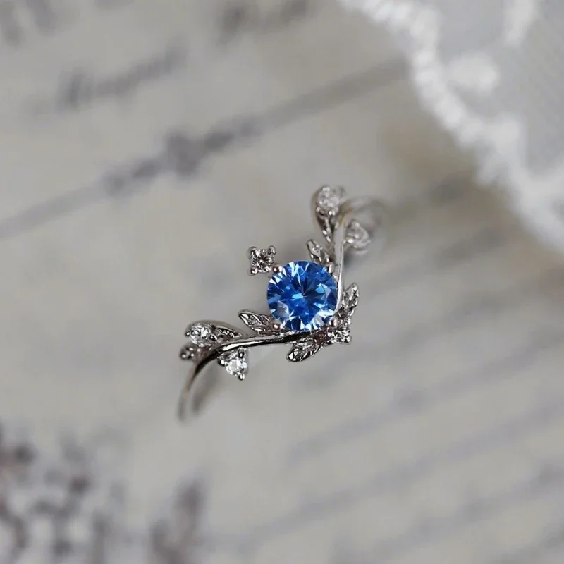Original Design Light Luxury Inlaid Blue Gemstone Rings for Women Exquisite Leaves Fresh and Compact Ring Fine Jewelry Gift