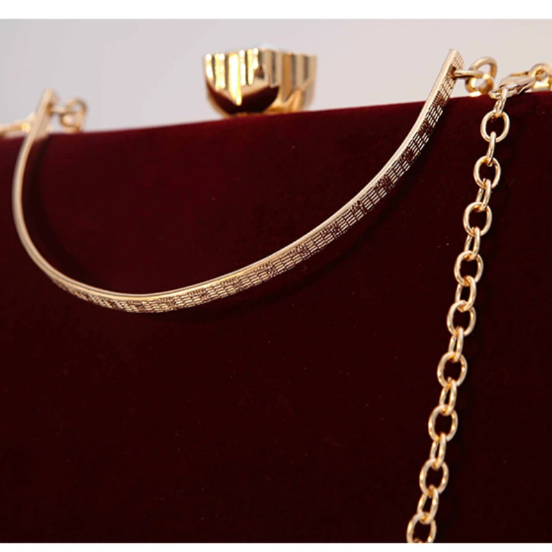 Elegant Women's Velvet Evening Bags Retro Burgundy Handbag Classic Wedding Party Mother's Clutch Bag with Metal Handle Purse