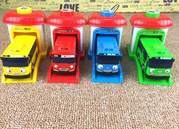 [Funny] 4pcs/set Scale model Tayo the little bus children miniature bus baby oyuncak garage tayo bus Ejection impact car vehicle