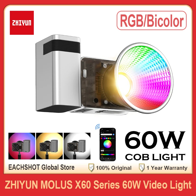 ZHIYUN MOLUS X60 60W RGB Bi Color COB Light Video Lights LED Pocket Fill Lamp APP Control Portable Studio Photography Lighting