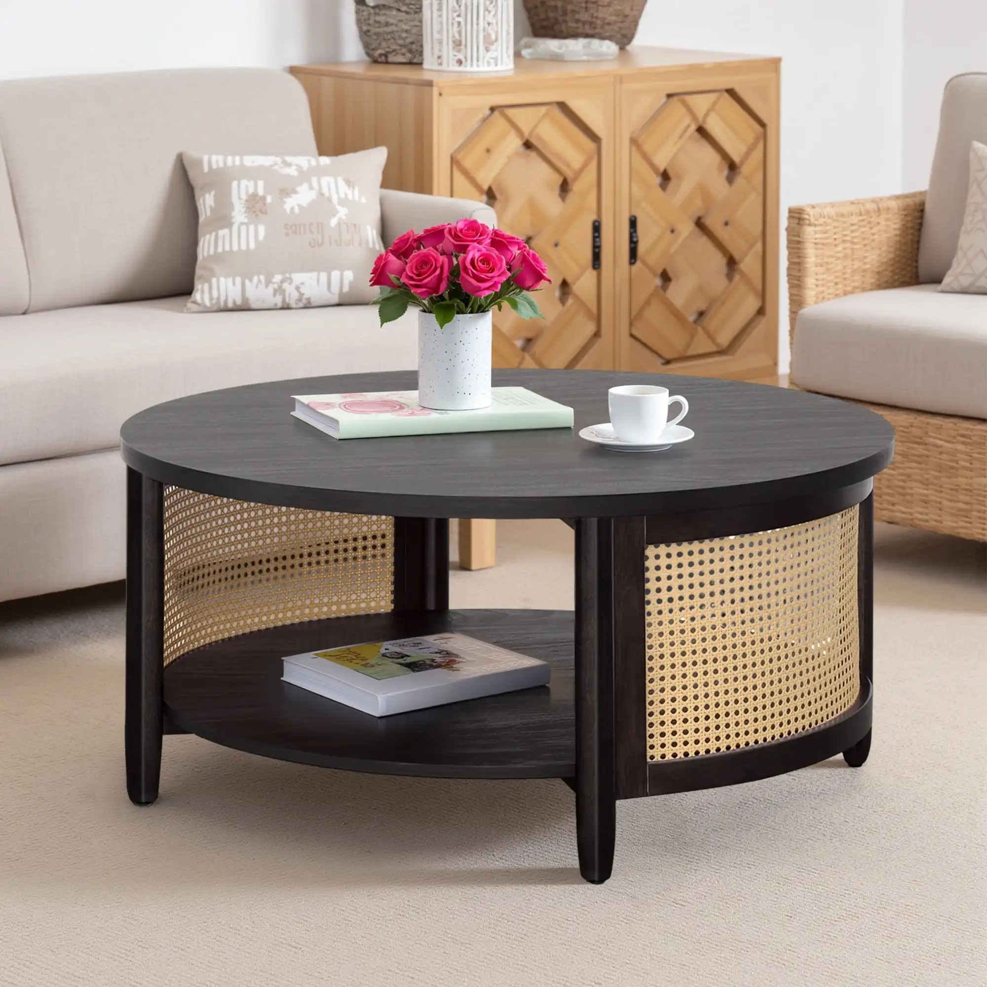 

Rattan Coffee Table,2-Tier Wood Coffee Table with Boho Woven Rattan Storage Shelf,
