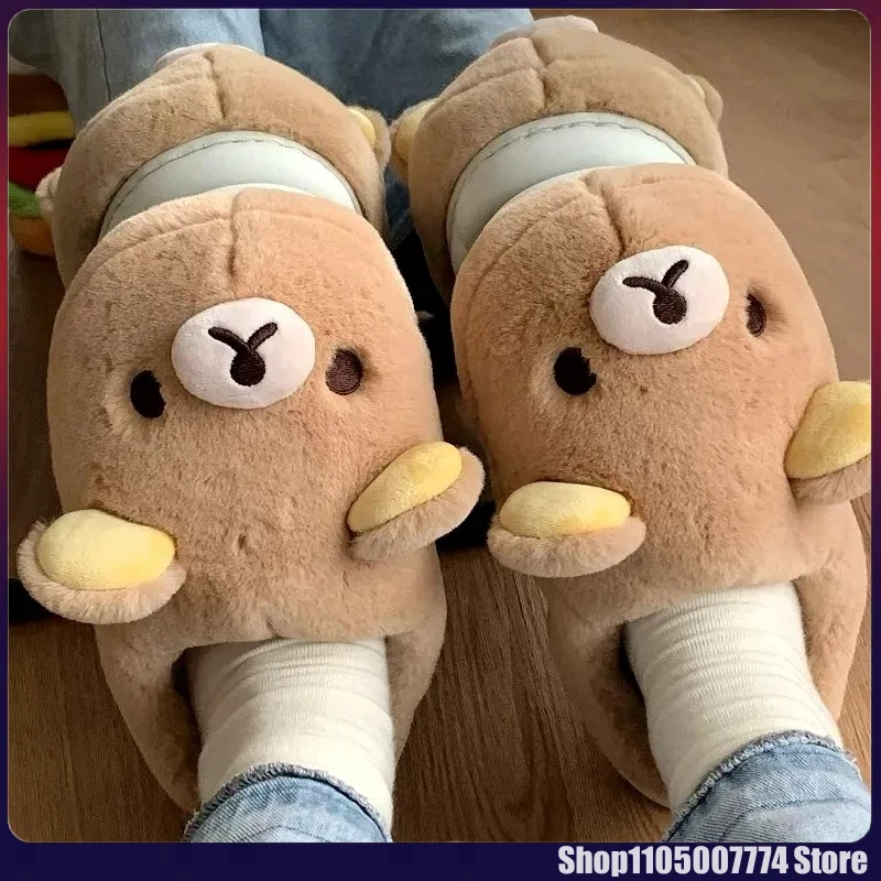 

Kawaii Cute Bear Rilakkumas Wearing Cotton Shoes Outside Flat Closed-Toe Mules Cartoon Cute Home Shoes Winter Couple'S Shoes
