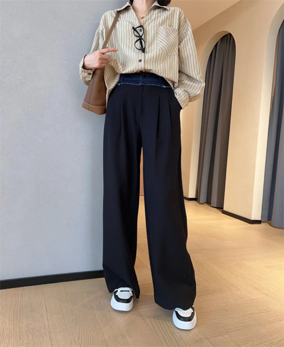 Fenggejiwo color blocking splicing waist, straight anti wrinkle straight leg wide leg suit pants, women's autumn new