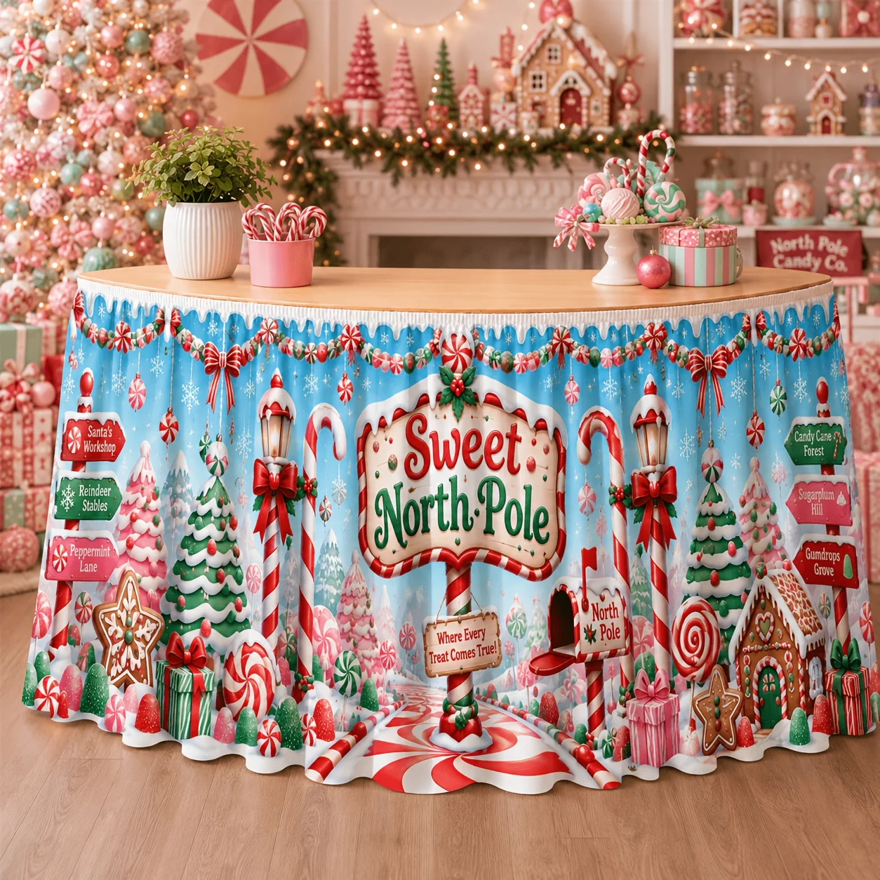 One table skirt - Sweet Arctic print table skirt - Walking stick sugar gingerbread house snowflake pattern -Christmas decoration