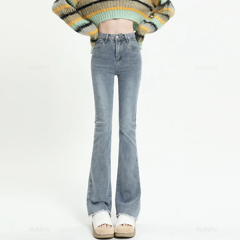 Spring Summer Flared Jeans Women Cotton Vintage Blue Denim Pants Streetwear Elastic High Waist Slim Harajuku Trouser Plus Length