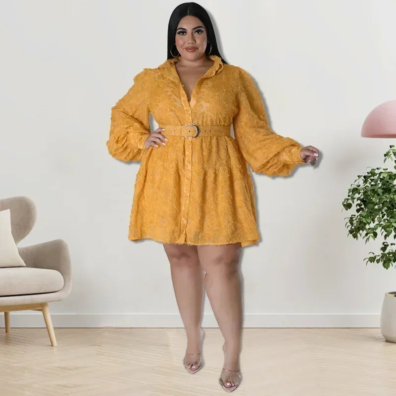 

GUWU Spring Fashion Tassel Plus Size Women's New Loose Shirt Dress Elegant Lapel Long Sleeve Button Party Dress