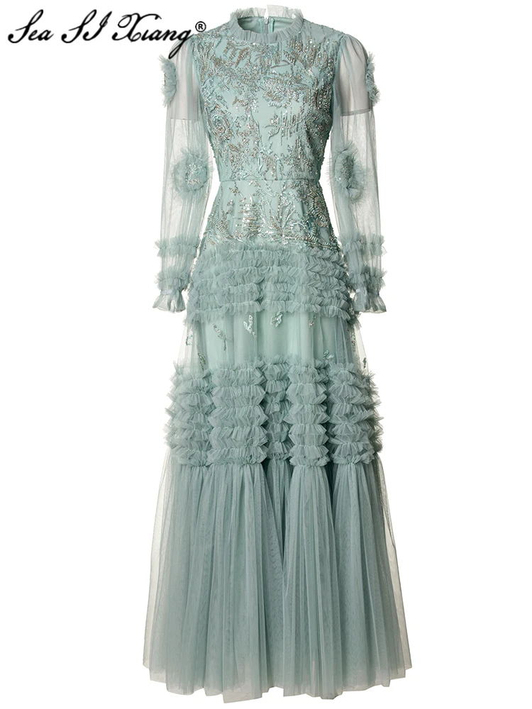 Seasixiang 여성용 스팽글 비즈 자수 원피스, O-넥 랜턴 슬리브, 프릴 빈티지 메쉬, 긴 원피스 패션 용수철