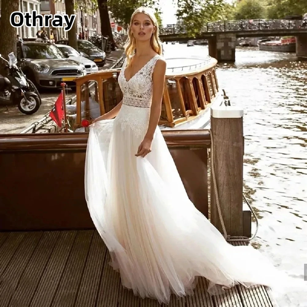 Othray Bohemia Vintage gelinlik seksi v yaka Backless gelin elbiseler dantel aplikler A-Line önlük gelinler için Vestidos De