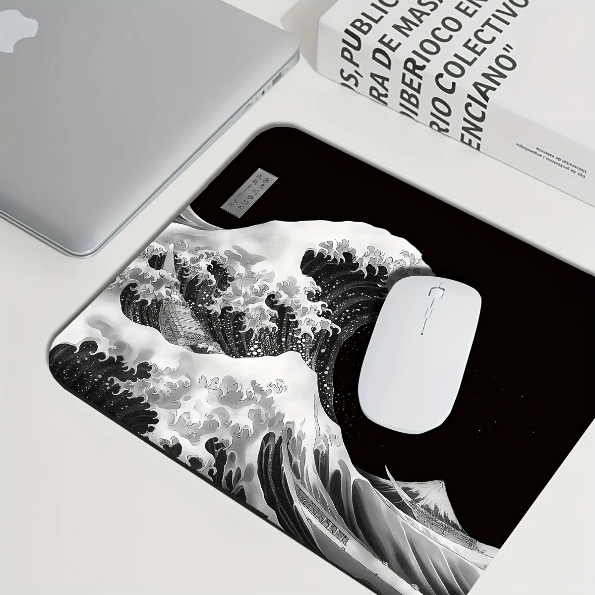 Festive Ukiyo-e Wave Mouse Pad: Black and White Design, 31.5 x 11.8 inches, Suitable for Office and Gaming, Made of Polyester Fi