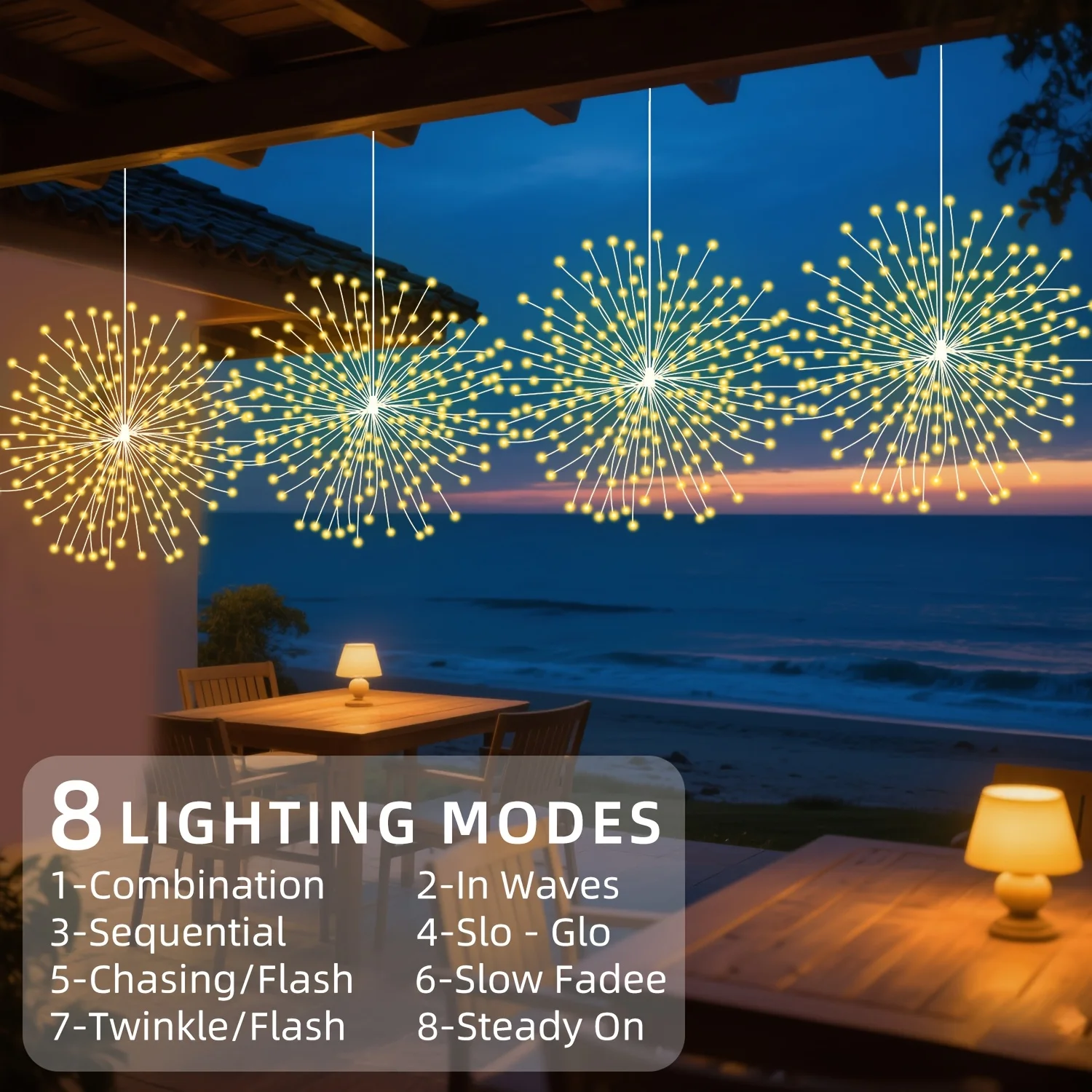NEW Solar Powered Fireworks String Lights 4/5Pcs Outdoor Waterproof Hanging Light 8 Lighting Modes Yard Garden Party Decoration