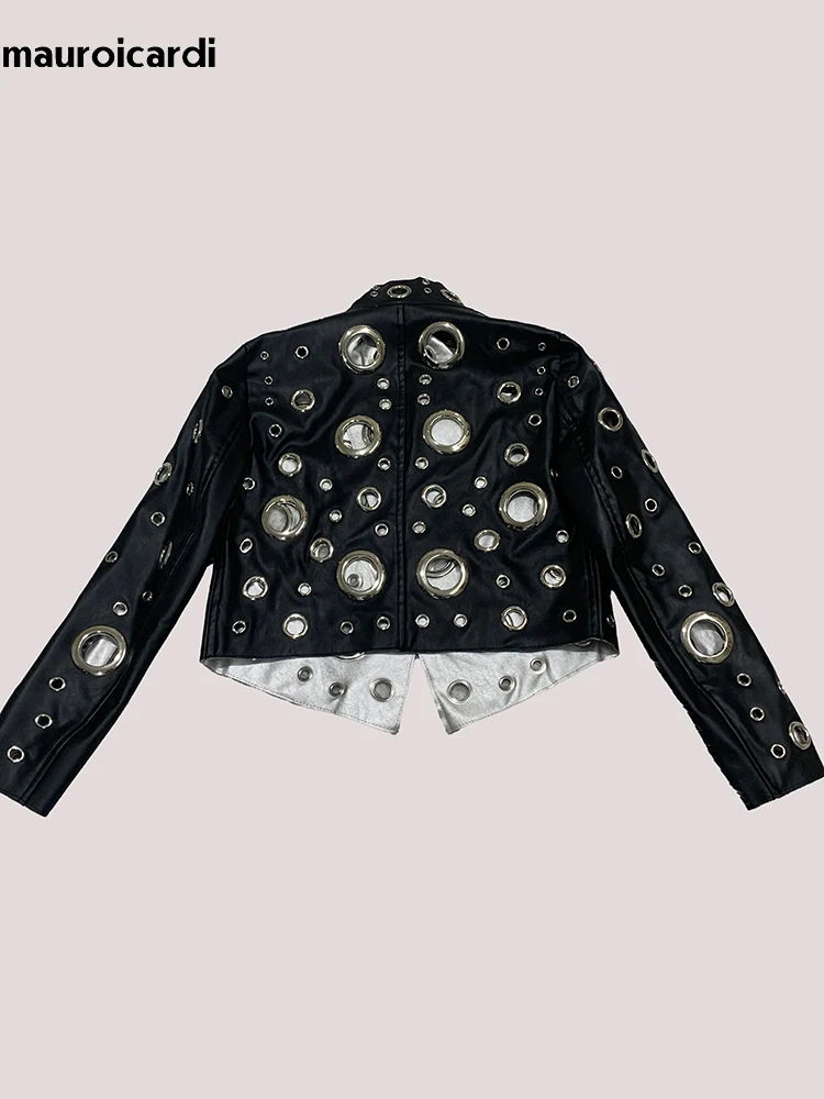Mauroicardi Spring Short Hollow Out Patchwork Short Pu Leather Jacket Women Cool Luxury Designer European Style Clothes Fashion