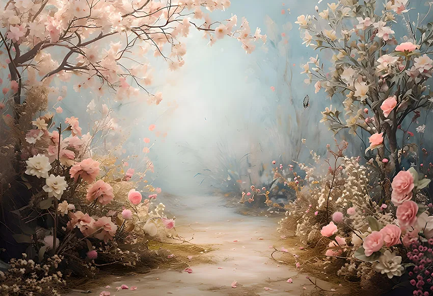 Mehofond-Fondo de fotografía para niños, pintura al óleo de primavera, pueblo, camino, fiesta de cumpleaños, flor, hierba, árbol, decoración de fondo, zona de fotos