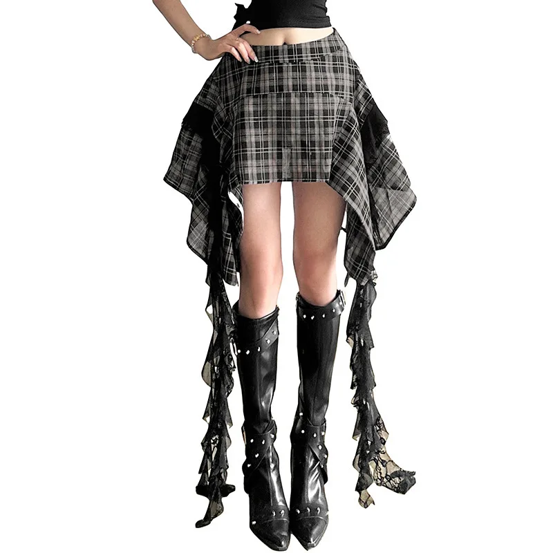 2025 Summer New Women's Clothing Retro Plaid Splicing Irregular Design Slim Skirt