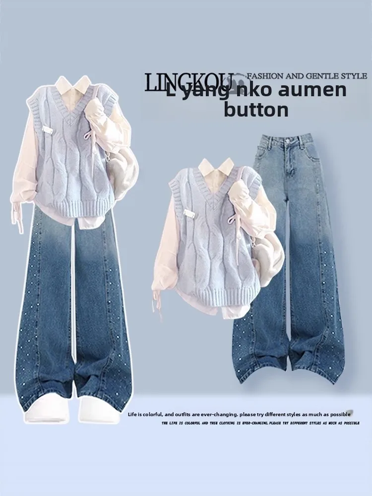 

Осенне-зимний вязаный свитер и джинсы с v-образным вырезом, футболка больших размеров, женский модный комплект, повседневный свободный крой с высокой талией