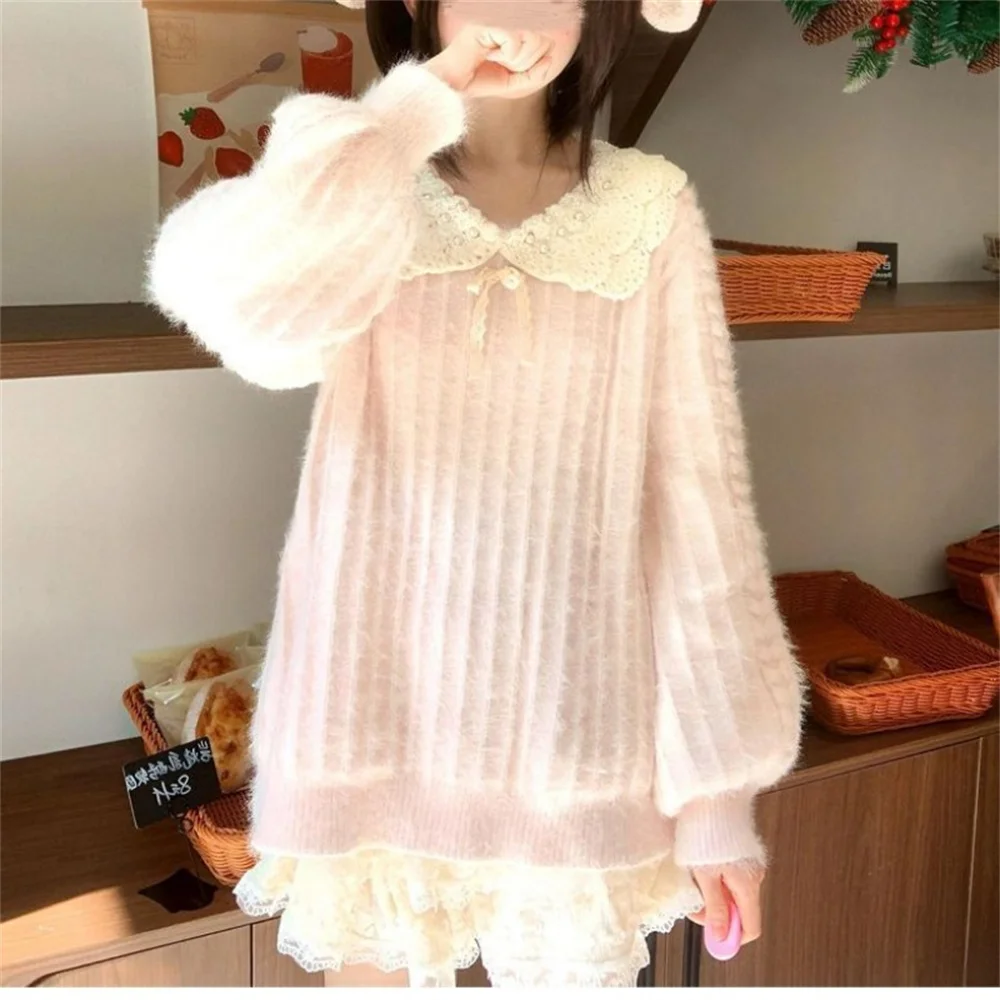 Doce rosa peter pan colarinho retalhos camisola feminina estilo coreano vintage usar malha topo 2025 outono e inverno pulôver bonito arco