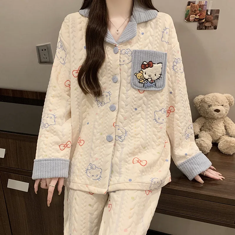 Fashion Ins Style Hello Kitty Air Cotton Cute Printed Quilted Pajamas Girl's Warm Soft Comfortable Home Wear Set Two-piece Set