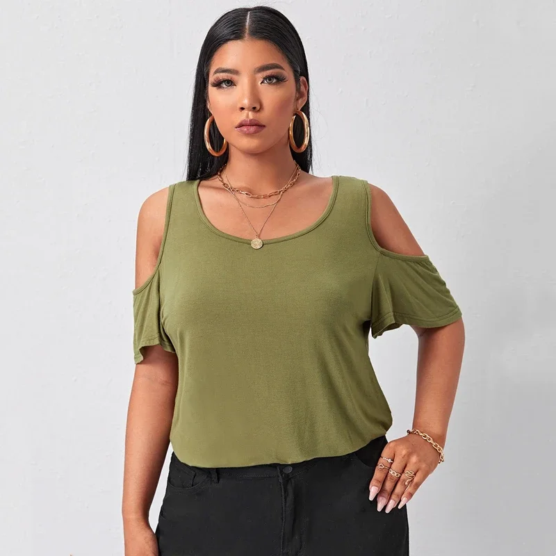 

Plus Size Cold Shoulder Elegant Summer Top Women Short Flare Sleeve Off-shoulder Casual Blouse Large Size T-shirt Tee 7XL 8XL