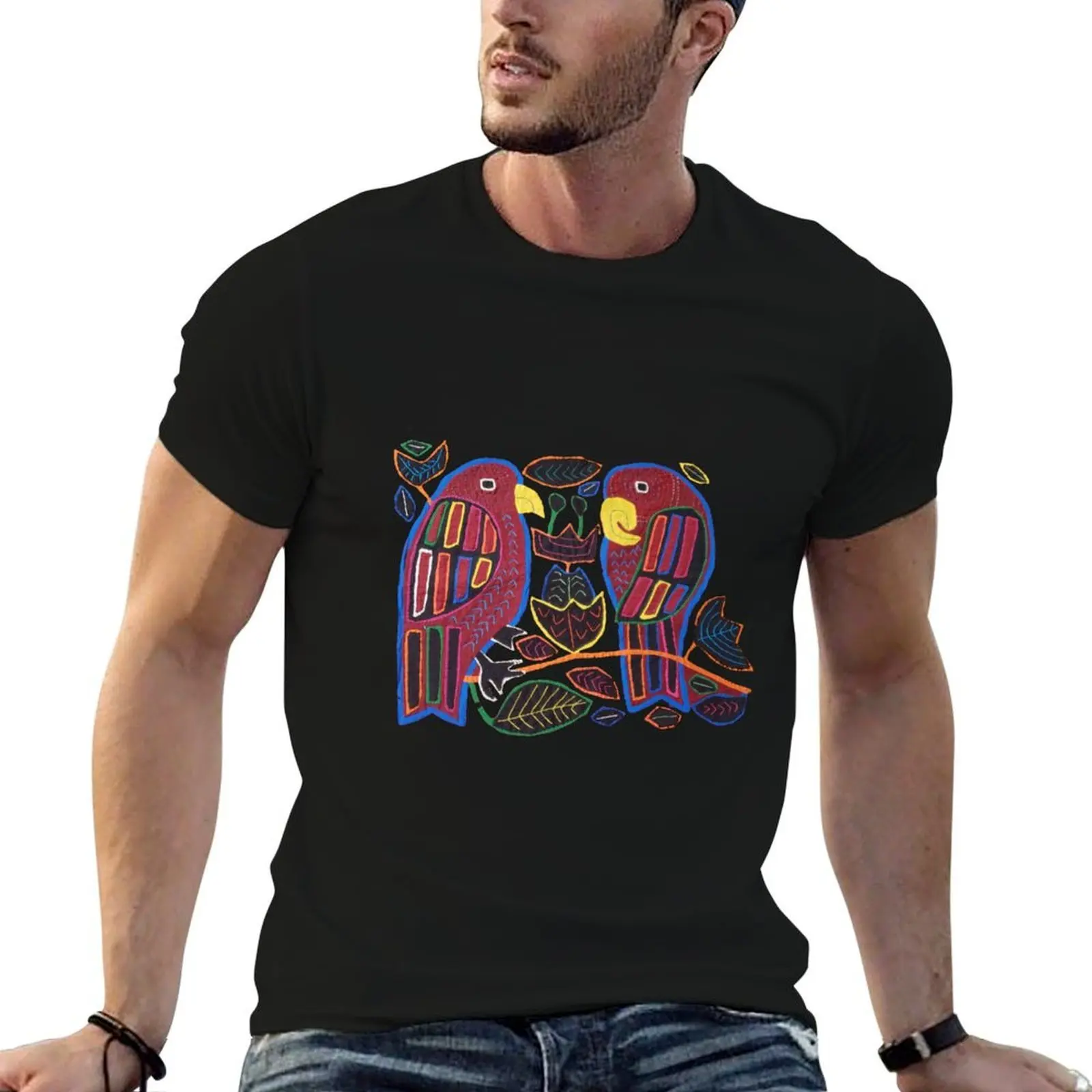 Camiseta con diseño de loro Mola de Panama, camisa básica informal de algodón de manga corta