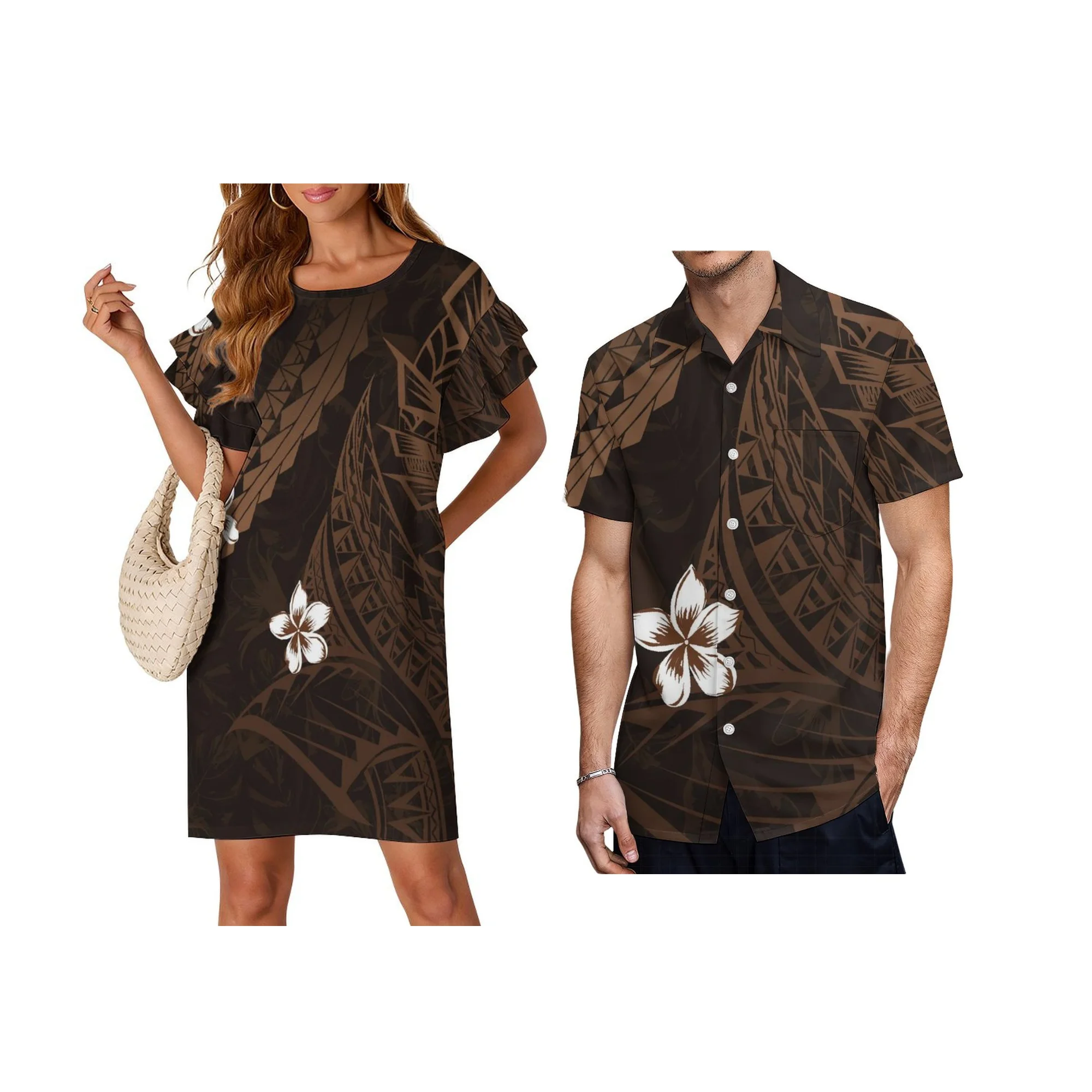 Print on Demand Customized Plus Size Lady DressePacific Island Design Women Double Ruffled Flared Sleeve Mini Prom Dress