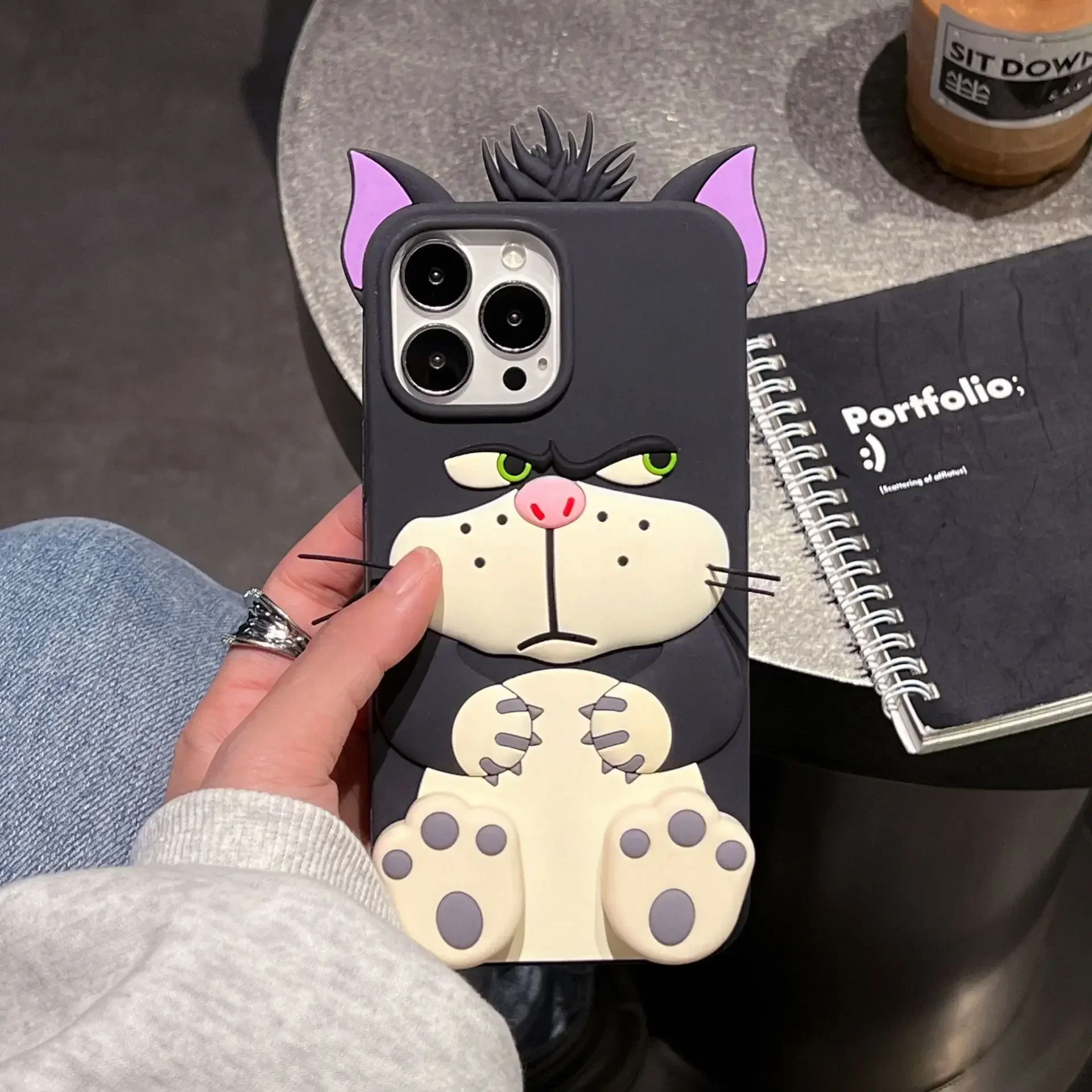 

3D Phone Case for Iphone 11 12 13 14 15 Pro Max 14 15 Plus Cartoon Lucifer the Cat Stand Silicone Full Coverage Phone Cover