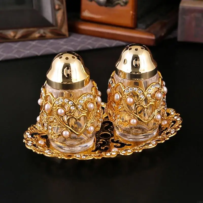 L9BE Golden Tone Seasoning Storage Jars With Clear Glass Body For Easy Monitoring Condiment Container With Pearls