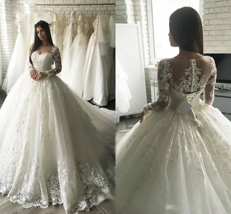 JEHETH In Stock Ball Gown 2024 Long Sleeves Wedding Dresses For Women Appliques Lace Modern Vestido Illusion Back Bridal Gowns