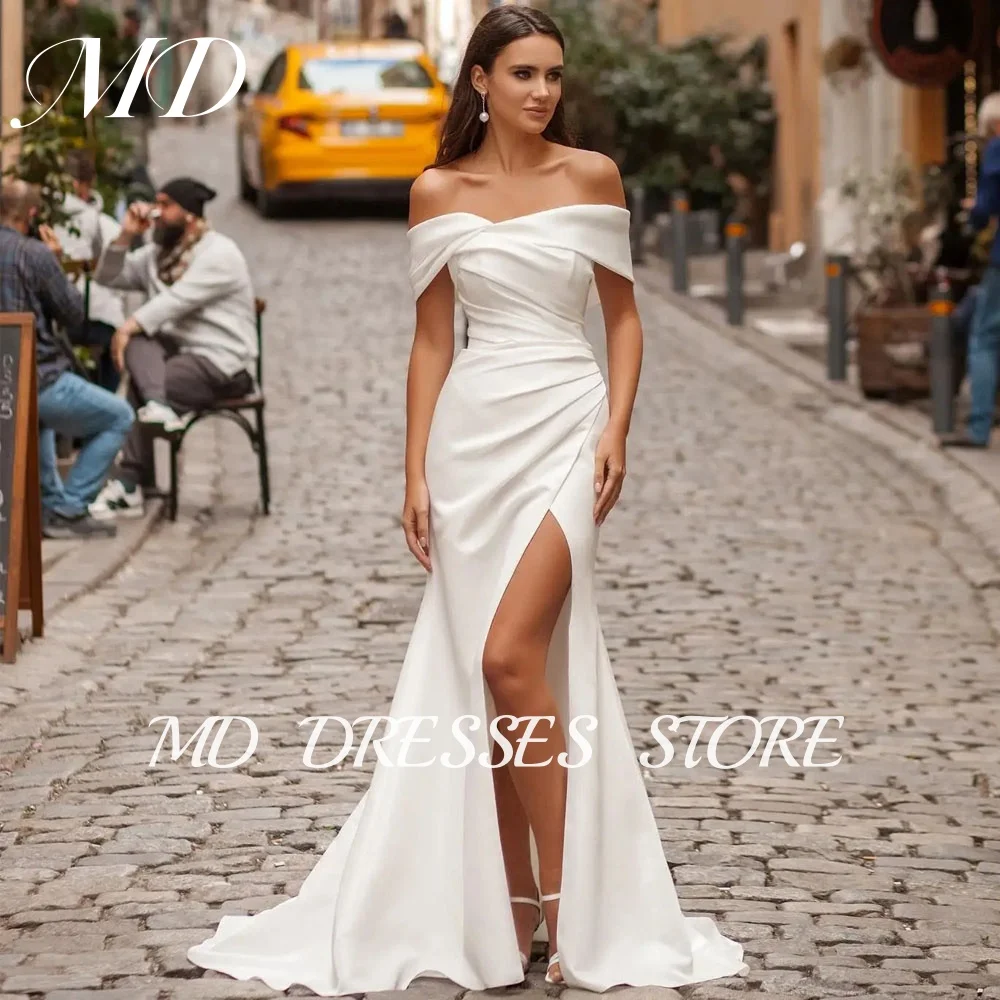 MD-vestidos de novia blancos simples con corte en A, hombros descubiertos, abertura lateral alta, vestidos de novia largos hasta el suelo, vestidos de fiesta personalizados