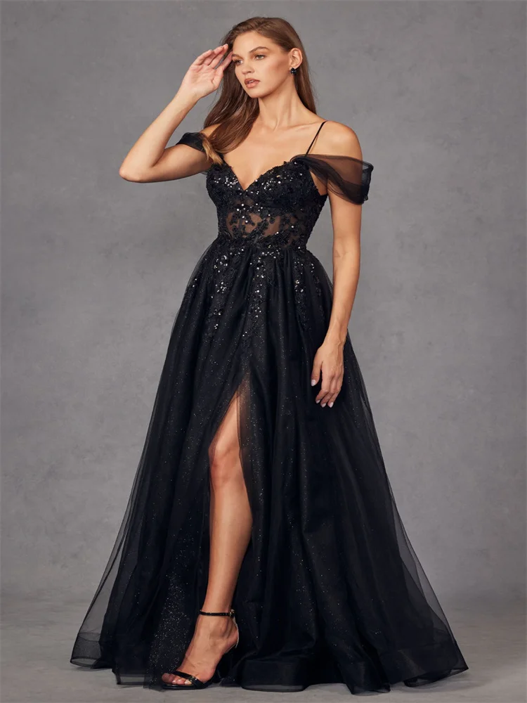 Gorgeous Off The Shoulder Sweetheart Bodice With Thin Staps A-Line Prom Dress Sexy Open Lace Up Back Sweep Train High Slit Gowns