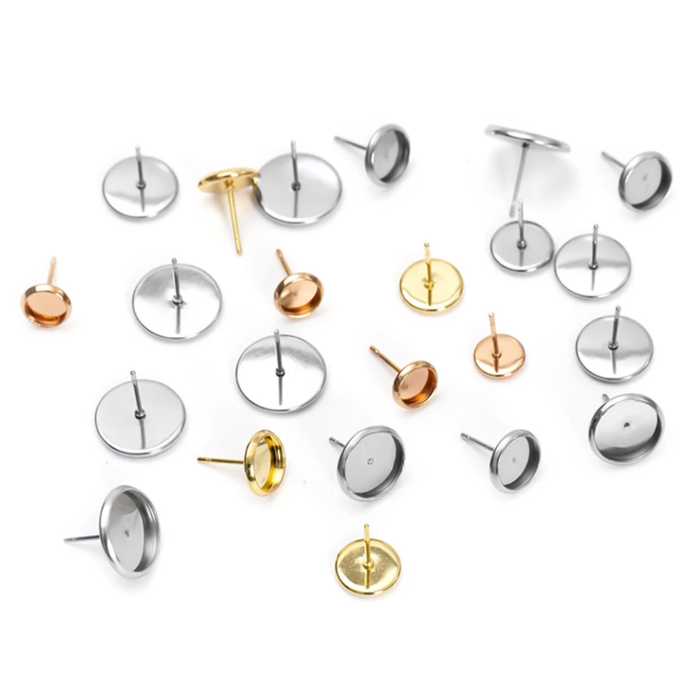 20Pcs Stainless Steel Blank Earring Base Cabochon Base 6-30mm Flat Earring Setting DIY Jewelry Making with Ear Plug