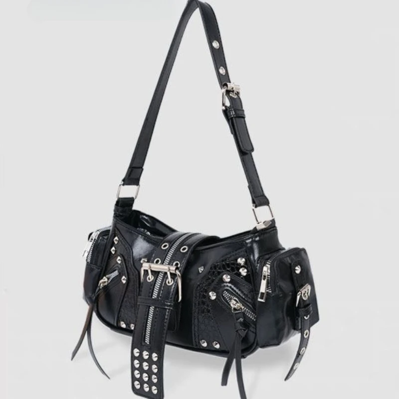 [Factory Direct Sales] New Punk Wind Locomotive Bag Trendy Cool Rivet Belt One Shoulder Crossbody Bag Female Street Hunter Style
