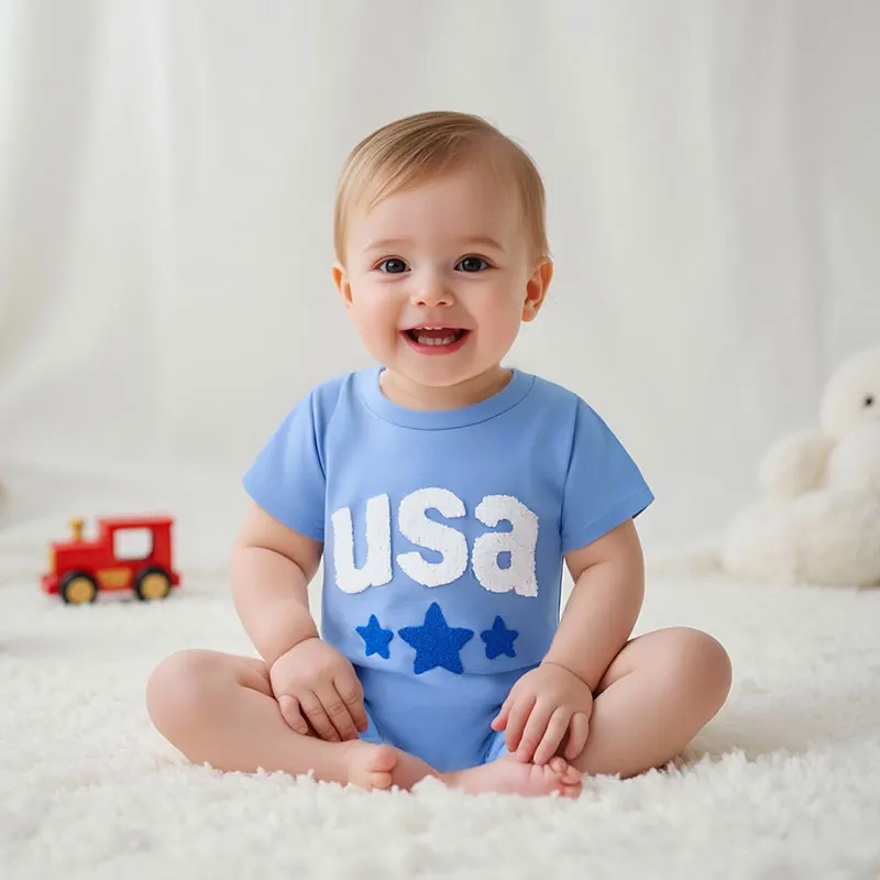 Infant Independence Day  Relaxed Fit Patriotic Design Round Neck Baby Bodysuit with Embroidered Stars and Letters