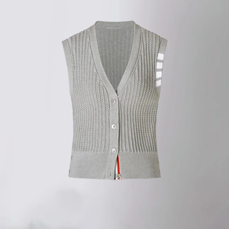 

TB THOM Knit Vest Cardigan Women's Fashion Casual Quality Hollow Out Waistcoat Korean Brand College Style Slim Striped TB Blouse