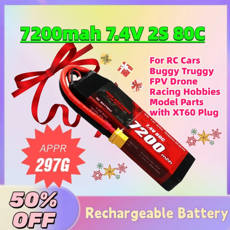 Large Capacity 7200mah 7.4V 2S 80C Lipo Battery for RC Cars Buggy Truggy FPV Drone Racing Hobbies Model Parts with XT60 Plug