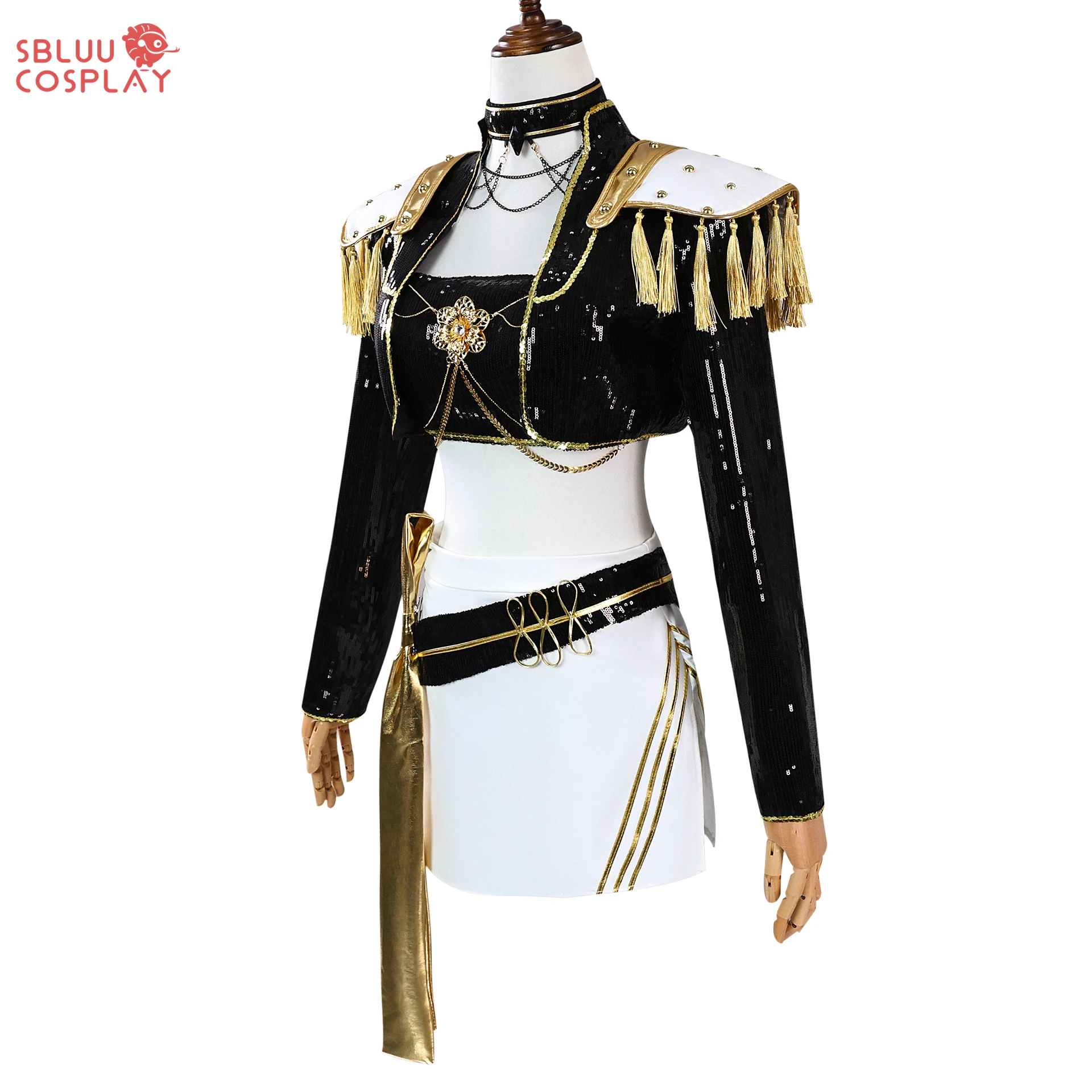 SBluuCosplay Kpop Zoey Mira Rumi Cosplay Huntrix Kostum Pemburu Iblis Wig Gaun Hitam Emas Pakaian Pesta Halloween
