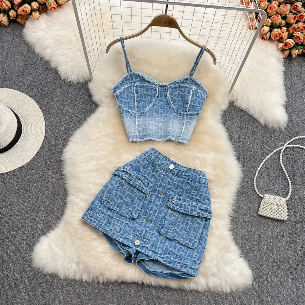 

Retro Hong Kong Sle High Waist Slimming Wide Leg orts Embroidered Denim ter Top Hot Pants Two Piece Set Summer Faion
