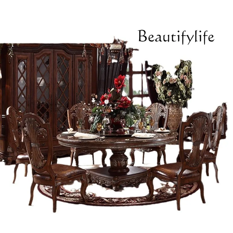 American solid wood round dining table and chairs combination European carved luxury dining table high-end furniture