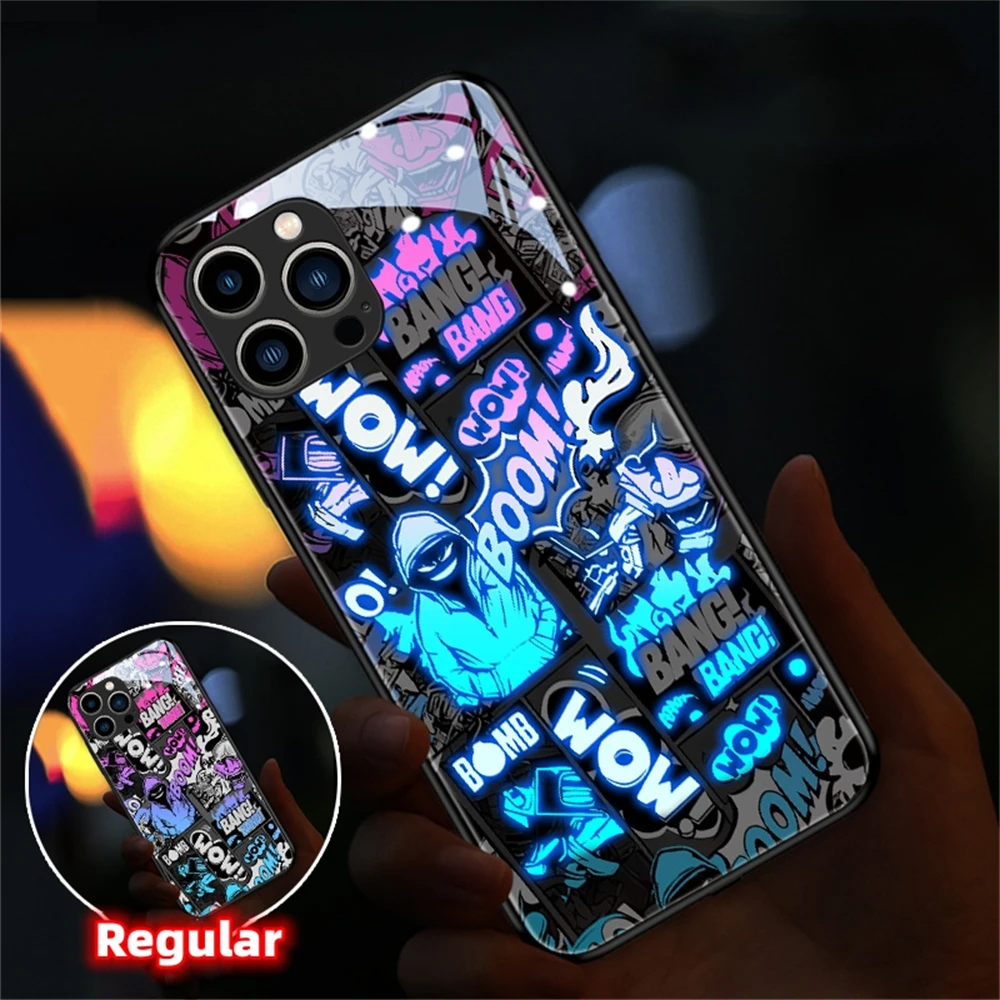 Cool Graffiti Art Design Led Light Phone Case Call Flash Glitter Cover For iPhone Air 17 16 15 14 13 12 11 Pro Max Plus