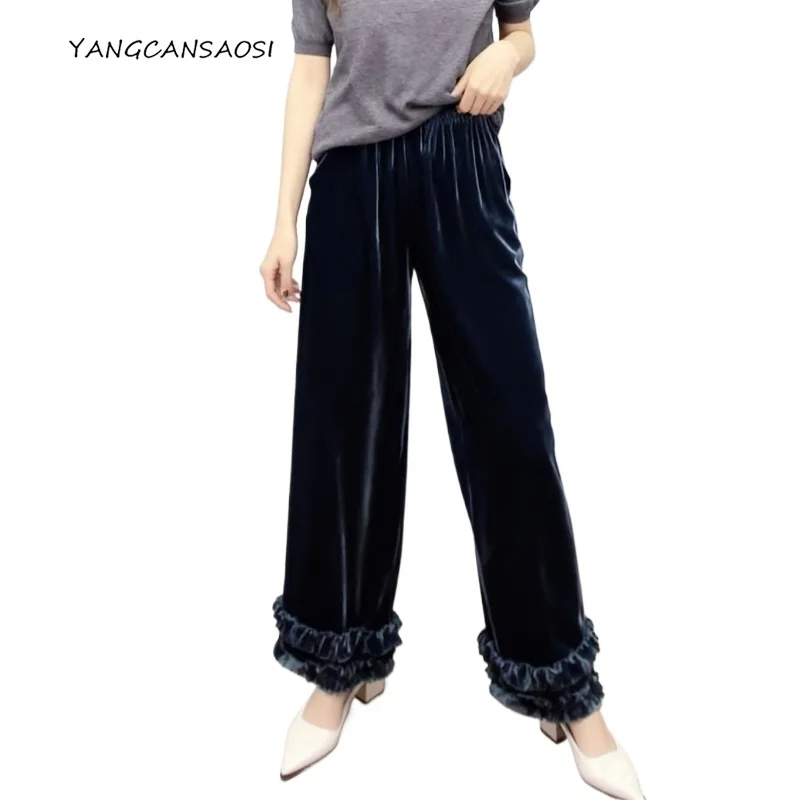 

Women's Fashion Autumn New 30% Natural Mulberry Silk Velvet Double-layer Fungus Edge Two Side Pockets Straight Leg Pants