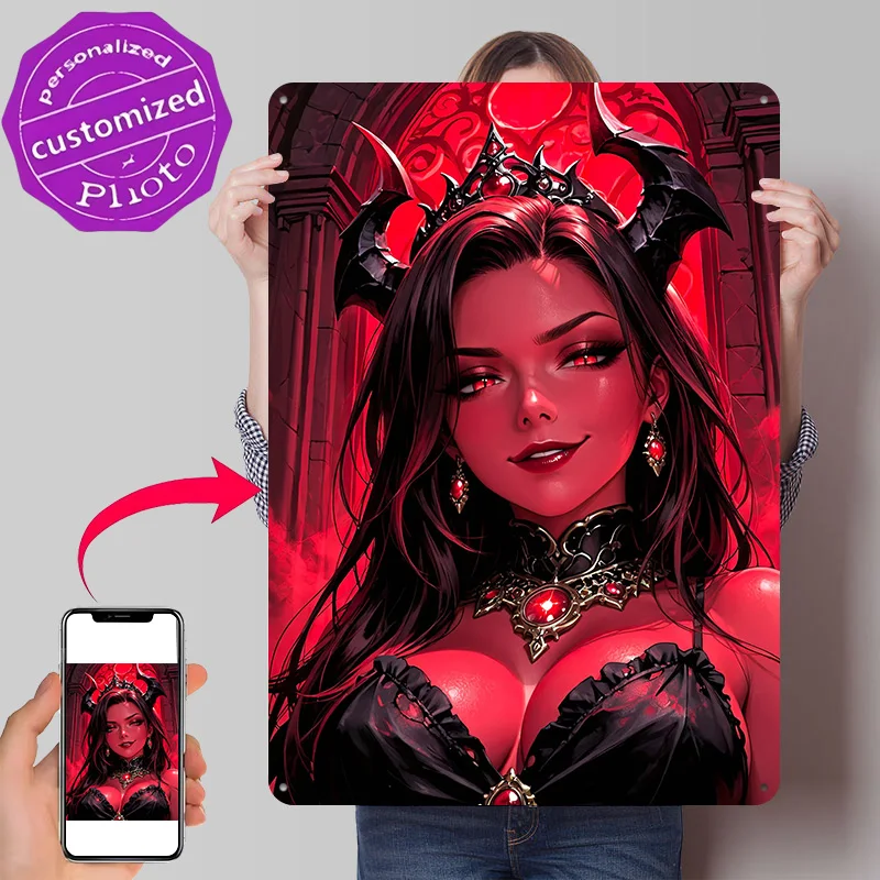 Red-skinned Demon Woman With Horns Personalized 3D Textured Metal Poster Wall Art Tinplate Sign for Modern Home Decoration Room